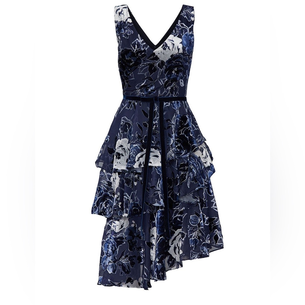 Marchesa Notte Velvet Tiered Floral Cocktail Dress Size 2